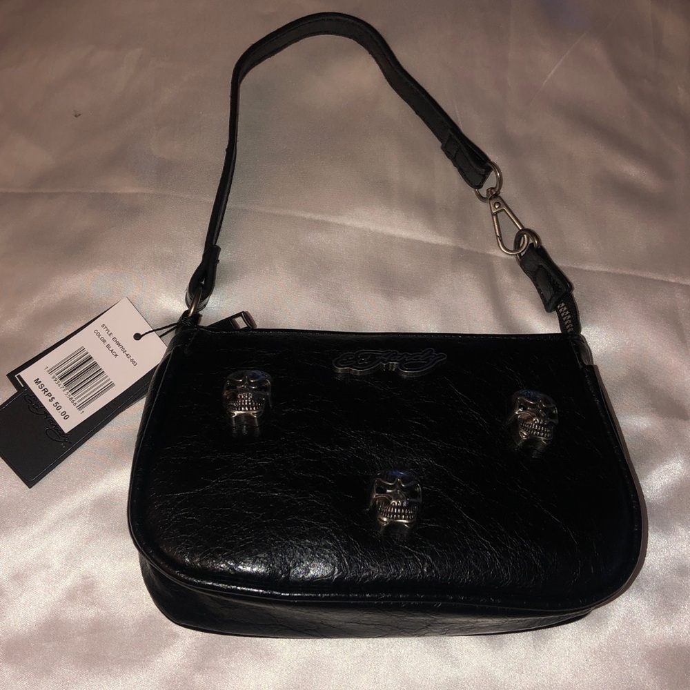Ed Hardy Black Faux Leather Studded Skull Convertible Shoulder Bag Wristlet NWT